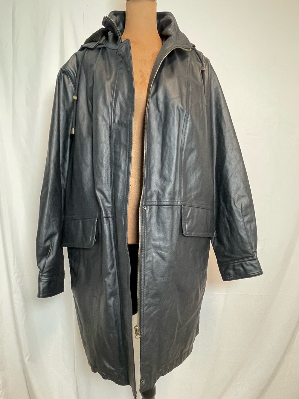 Woman Within Black Leather Hooded Trench Coat 14w